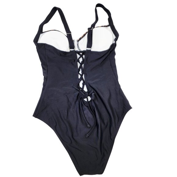 Leopard Print One-Piece Swimsuit With Lace-Up Back & Adjustable Straps Size L - Picture 2 of 5